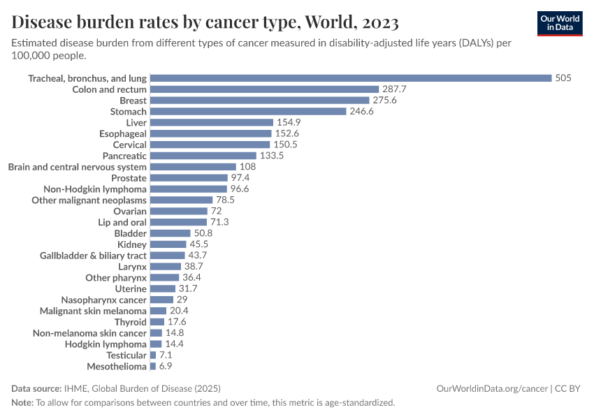 Disease burden rates by cancer type