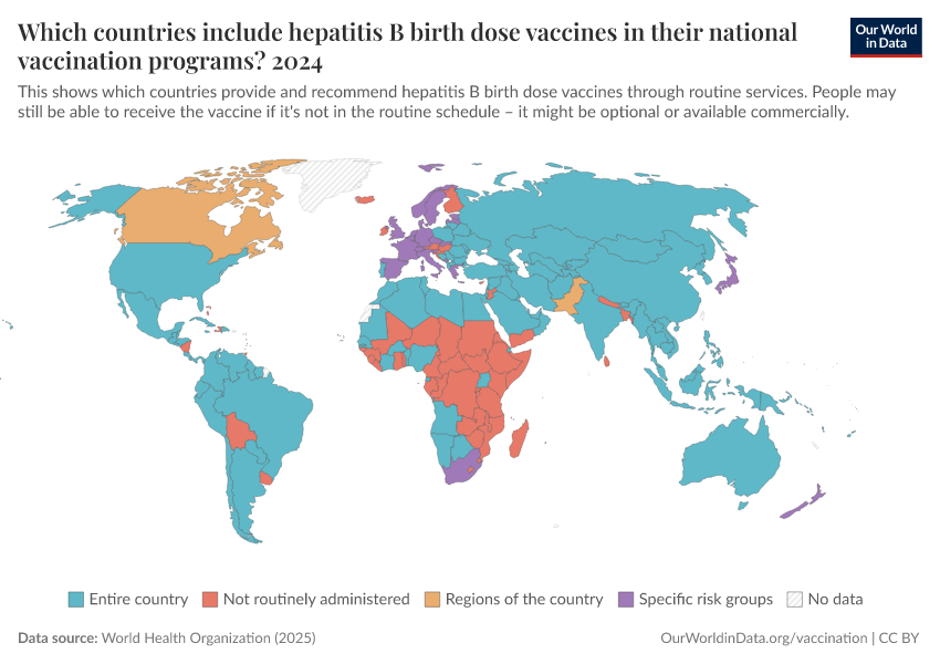 A thumbnail of the "Which countries include hepatitis B birth dose vaccines in their national vaccination programs?" chart
